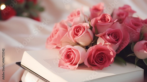 bouquet of roses and rings, beautiful red roses on table with book.