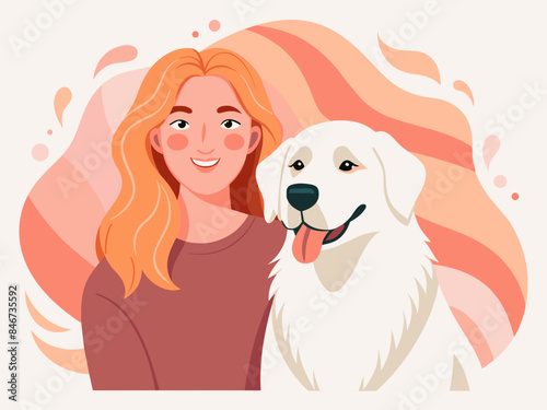 Woman and Great Pyrenees Dog - Abstract Soft Hue Background Vector Design