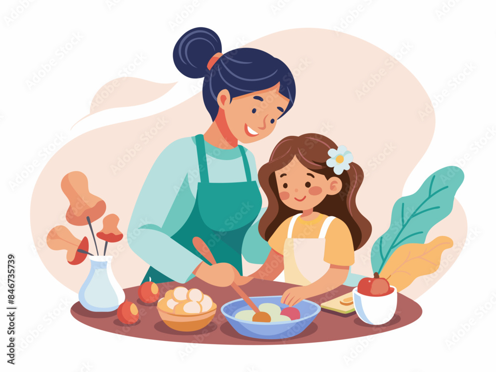 Woman and Child Baking Cookies - Abstract Soft Hue Background Vector Illustration Woman and Child Baking Cookies - Abstract Soft Hue Background Vector Illustration