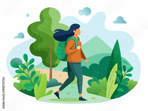 Woman Backpacking Through a Forest - Abstract Soft Hue Background Vector Illustration