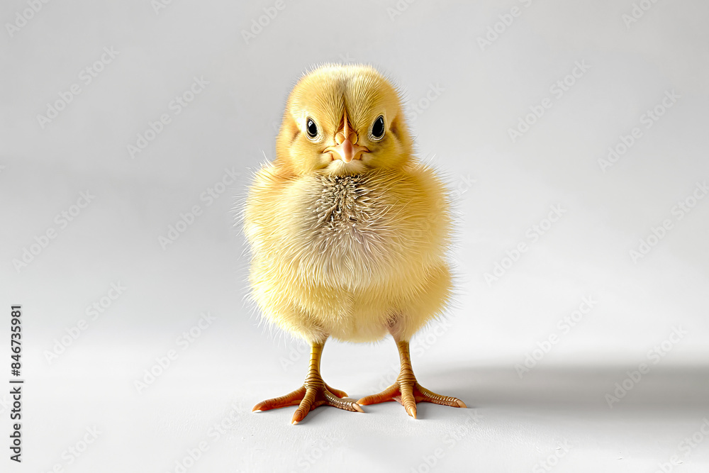 Fototapeta premium A small yellow chick standing on a white background.