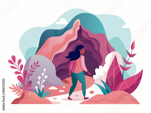Woman Exploring a Cave - Abstract Soft Hue Background Vector Art