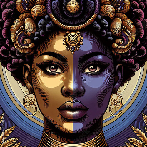 Afrofuturistic portrait featuring a close-up of a Black woman.  photo