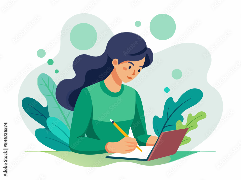 Woman Writing in a Journal - Abstract Soft Hue Background Vector Illustration Woman Writing in a Journal - Abstract Soft Hue Background Vector Illustration