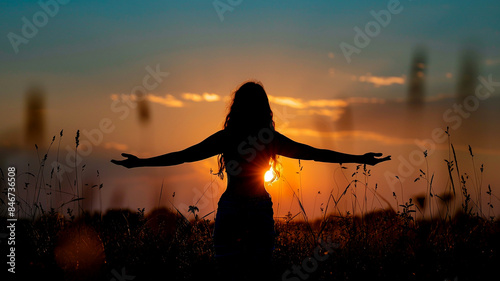 silhouette of happy woman standing with sunset in summer