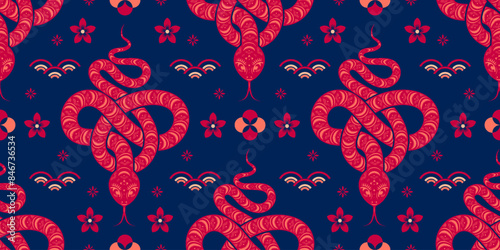 Seamless pattern happy chinese new year 2025 the snake zodiac sign cut style on color background. ( Translation : snake )
