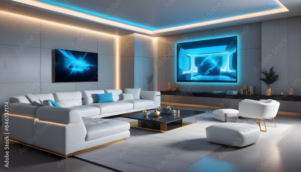 High end modern living room with white leather couch and a large flat screen tv mounted on the wall, brutalist architecture mixed with modern futuristic minimal design High end modern living room with white leather couch and a large flat screen tv mounted on the wall, brutalist architecture mixed with modern futuristic minimal design