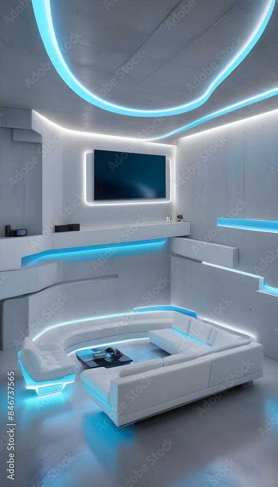 High end modern living room with white leather couch and a large flat screen tv mounted on the wall, brutalist architecture mixed with modern futuristic minimal design High end modern living room with white leather couch and a large flat screen tv mounted on the wall, brutalist architecture mixed with modern futuristic minimal design