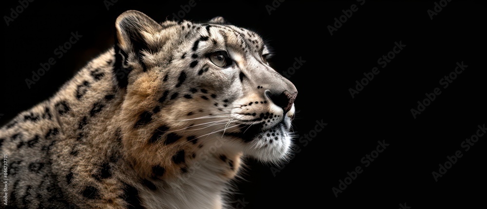 snow leopard's presence is highlighted against the black background, its beauty and grace mesmerizing in the darkness snow leopard's presence is highlighted against the black background, its beauty and grace mesmerizing in the darkness
