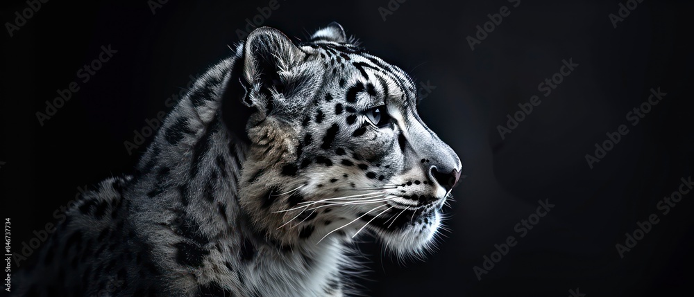 snow leopard's presence is highlighted against the black background, its beauty and grace mesmerizing in the darkness snow leopard's presence is highlighted against the black background, its beauty and grace mesmerizing in the darkness