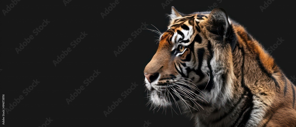 Fototapeta premium A tiger's form stands out against the black backdrop, its majestic presence commanding attention