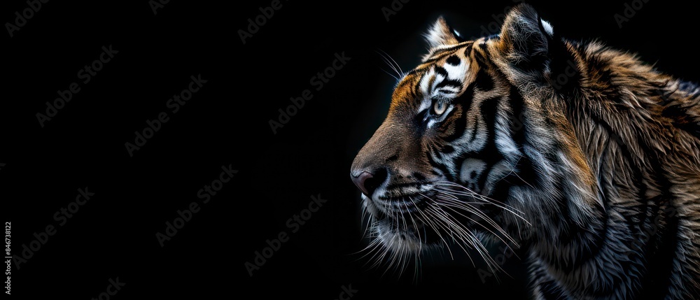 Fototapeta premium A tiger's form stands out against the black backdrop, its majestic presence commanding attention