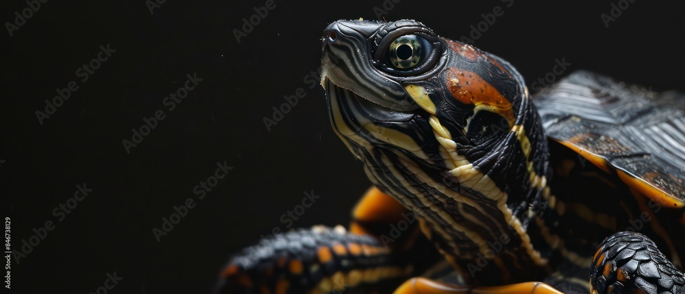 Obraz premium A turtle's presence is emphasized against the dark background, embodying resilience and timeless wisdom