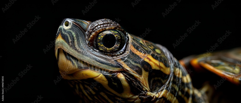 Obraz premium A turtle's presence is emphasized against the dark background, embodying resilience and timeless wisdom