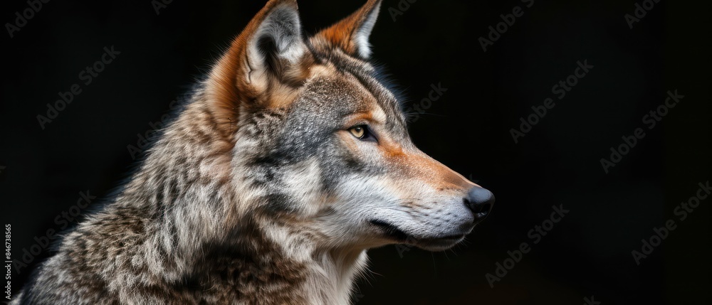 wolf looks away, its majestic presence highlighted against the enveloping black background wolf looks away, its majestic presence highlighted against the enveloping black background
