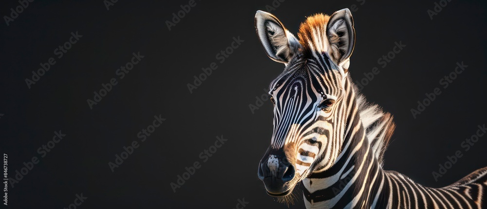 Fototapeta premium A zebra, poised and serene, looks away against the stark contrast of a black background