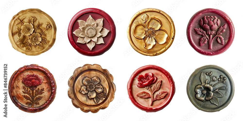 Collection of wax seal with flower pattern isolated on a transparent background, cut out, PNG Collection of wax seal with flower pattern isolated on a transparent background, cut out, PNG