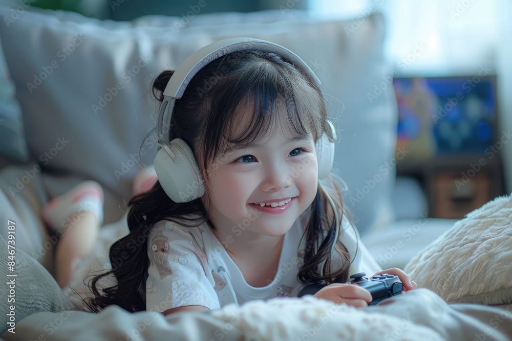 A girl playing games with headphones on A girl playing games with headphones on