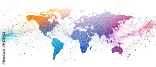 beautifully illustrated world map, connecting continents in a watercolor network on a white background