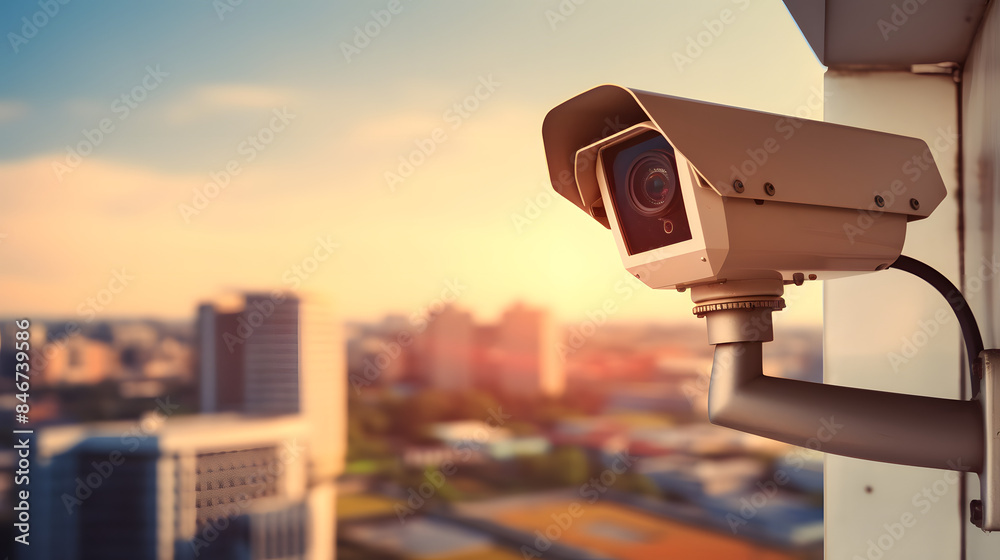 CCTV security camera in a city with business building on background CCTV security camera in a city with business building on background