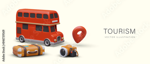Red double decker bus, suitcase with tourist stickers, camera, geo pin