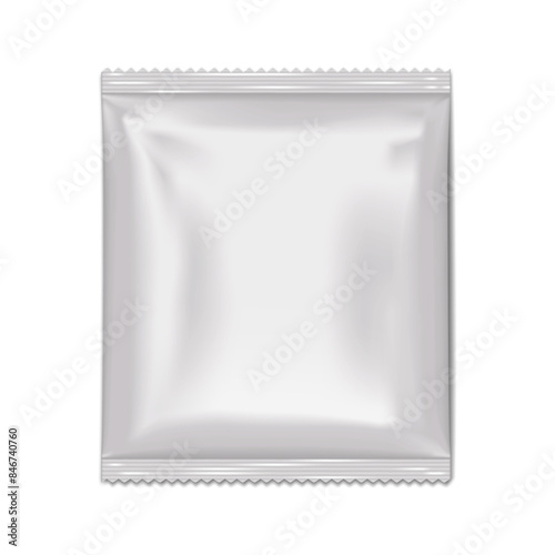 Blank white square 2 side seal sachet pouch. Realistic vector mock-up. Plastic, paper or foil bag template. Food, medical or beauty product individual package mockup