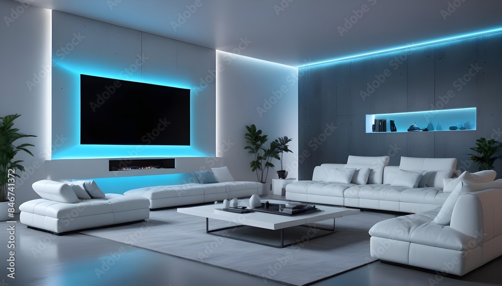 High end modern living room with white leather couch and a large flat screen tv mounted on the wall, brutalist architecture mixed with modern futuristic minimal design High end modern living room with white leather couch and a large flat screen tv mounted on the wall, brutalist architecture mixed with modern futuristic minimal design