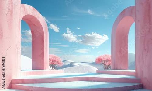 Abstract surreal 3D background featuring arches and a podium for product display. Colorful white sand dune scene with expansive blue sky and clouds, perfect for minimalist decor design concepts