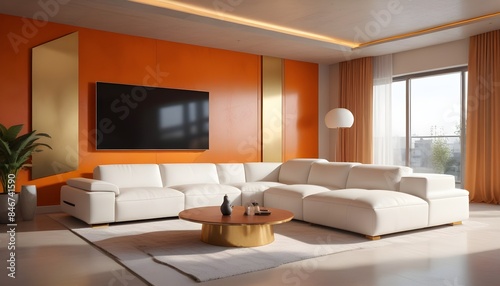 High end modern living room with white leather couch and a large flat screen tv mounted on the wall, brutalist architecture mixed with modern futuristic minimal design