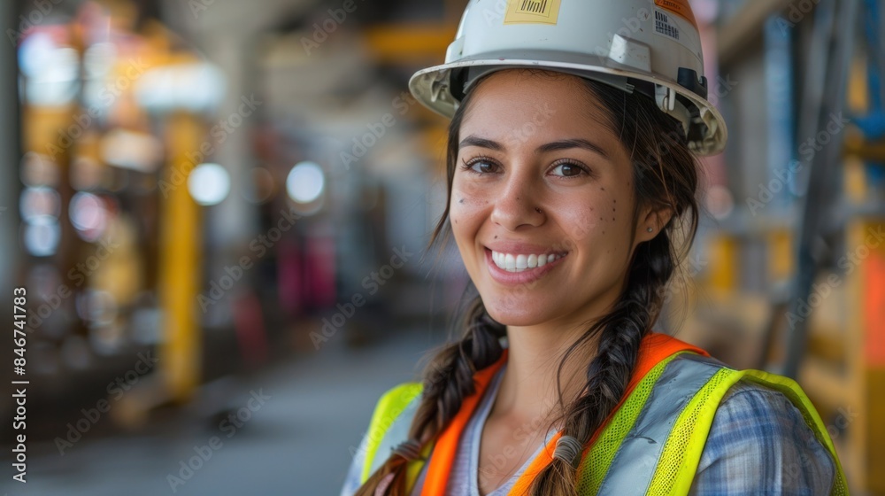 An engineer smiling at the construction site is a hispanic woman An engineer smiling at the construction site is a hispanic woman