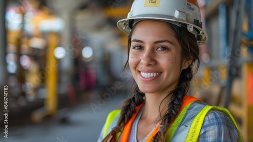 An engineer smiling at the construction site is a hispanic woman