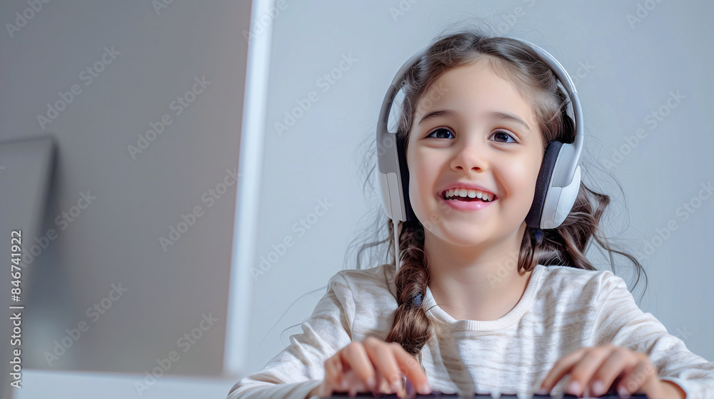 A cute, happy, and fun young Latin girl is streaming a game with a computer and a headset on a plain white background with copy space for text. A cute, happy, and fun young Latin girl is streaming a game with a computer and a headset on a plain white background with copy space for text.