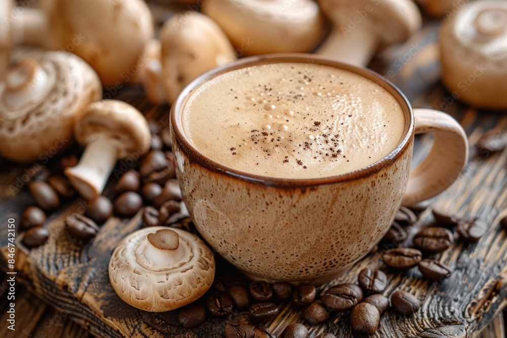 Surrounded by mushrooms and coffee beans, a cup of mushroom coffee sits on the table Surrounded by mushrooms and coffee beans, a cup of mushroom coffee sits on the table