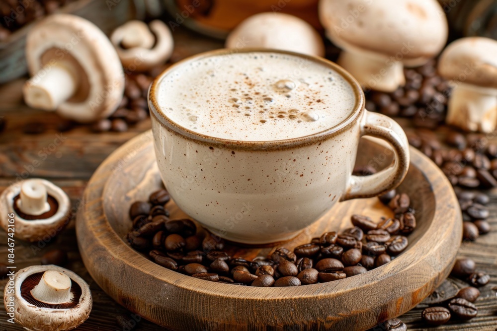 A cup of mushroom coffee on the table, surrounded by mushrooms and coffee beans A cup of mushroom coffee on the table, surrounded by mushrooms and coffee beans