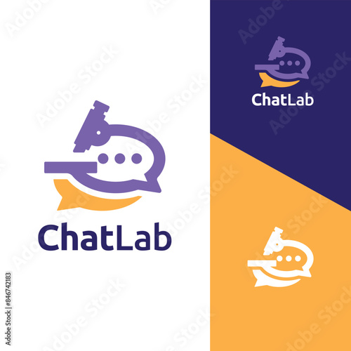 Chat conversation and communication Laboratory research experiment and education logo design vector