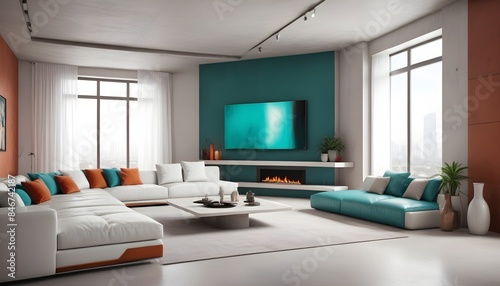 High end modern living room with white leather couch and a large flat screen tv mounted on the wall, brutalist architecture mixed with modern futuristic minimal design