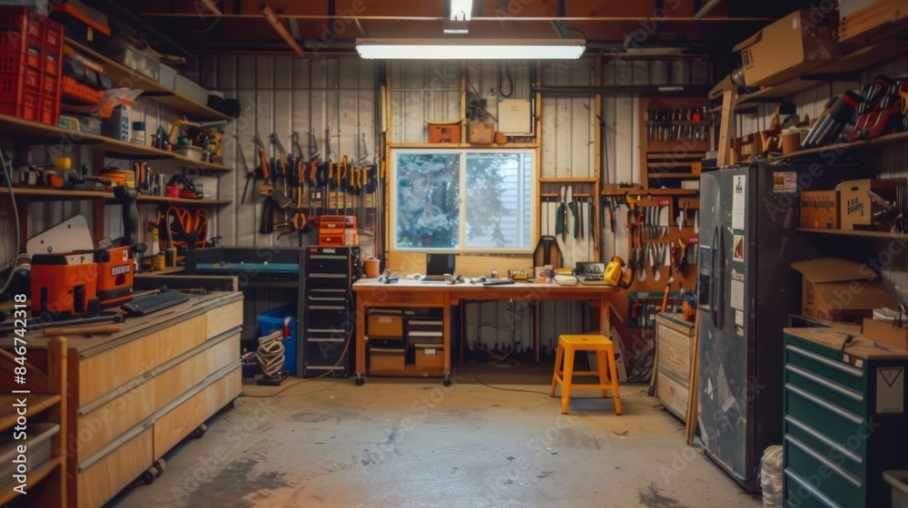 Home suburban garage interior big wooden workbench with lot of power mechanic tools at background. Spare season wheels storage shelf rack ceiling warehouse. DIY, self service and repair Home suburban garage interior big wooden workbench with lot of power mechanic tools at background. Spare season wheels storage shelf rack ceiling warehouse. DIY, self service and repair