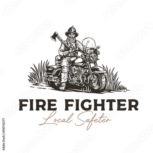 Retro vintage Fireman firefighter hero rescue equipment on the motorcycle for logo design vector or tshirt clothing illustration