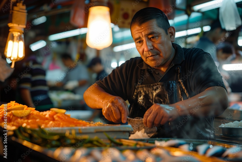 A middle-aged man preparing food at a busy market stall with vibrant lighting. A middle-aged man preparing food at a busy market stall with vibrant lighting.