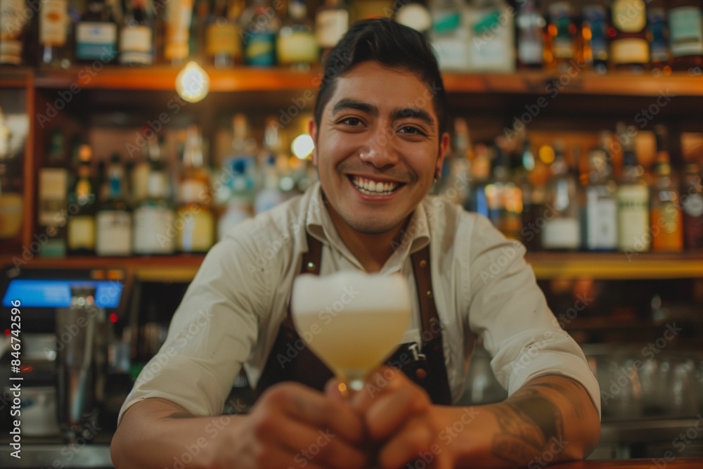 A cheerful bartender in a bar holding a cocktail with a background of various liquor bottles. A cheerful bartender in a bar holding a cocktail with a background of various liquor bottles.
