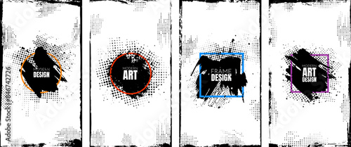 Vector illustration. Hand drawn borders, brush strokes elements. Messy ink design for invitation, flyer, coupon, leaflet, voucher. Halftone dotted retro background collection with geometric frame
