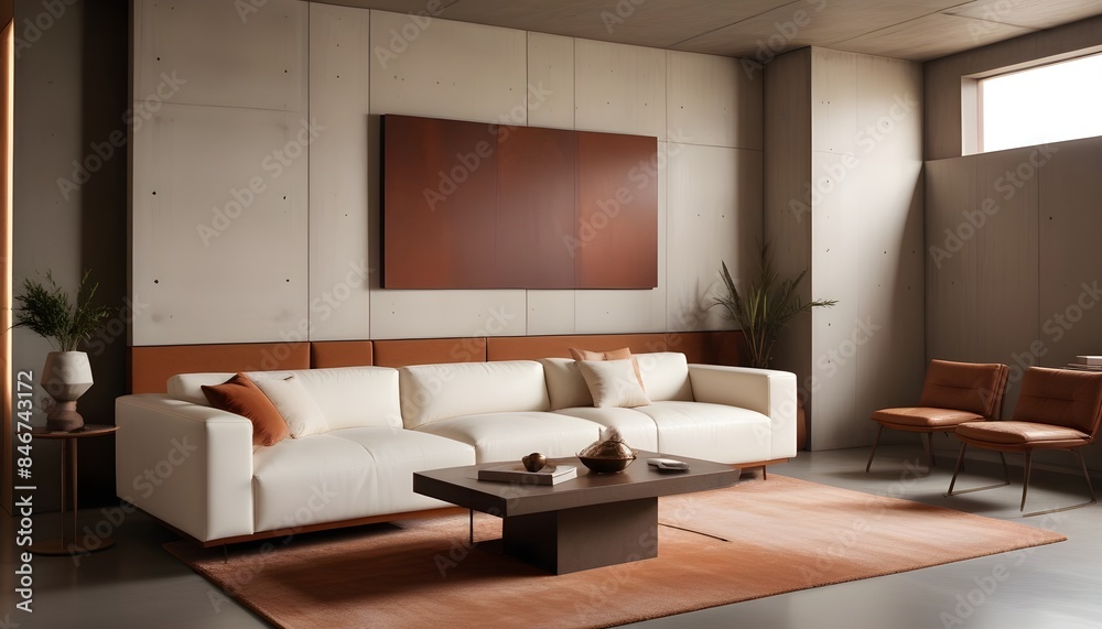 High end modern living room with white leather couch and a large flat screen tv mounted on the wall, brutalist architecture mixed with modern futuristic minimal design High end modern living room with white leather couch and a large flat screen tv mounted on the wall, brutalist architecture mixed with modern futuristic minimal design