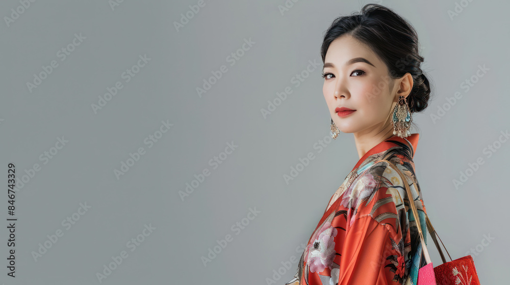 good looking japanese asian middle age woman in white, nice black hair ,confidence expression, sunglasses, lady wears red kimono dress beautiful makeup grey background good looking japanese asian middle age woman in white, nice black hair ,confidence expression, sunglasses, lady wears red kimono dress beautiful makeup grey background