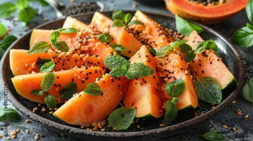 Deliciously arranged papaya slices garnished with seeds and leaves on a dark plate © familymedia