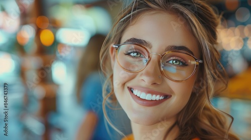 An optics store banner shows a happy customer choosing eyeglasses. Medical eye care. A pretty young woman trying on a new pair of glasses. Happy woman buying glasses at optics store