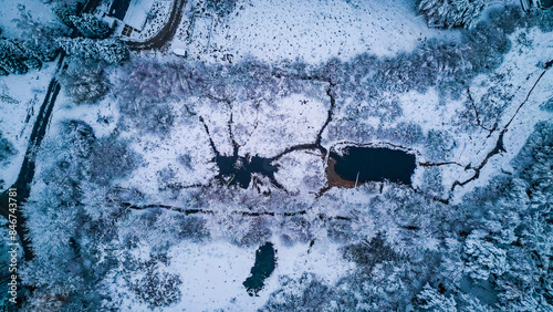 Jezioro leśne w zimie z lotu ptaka photo