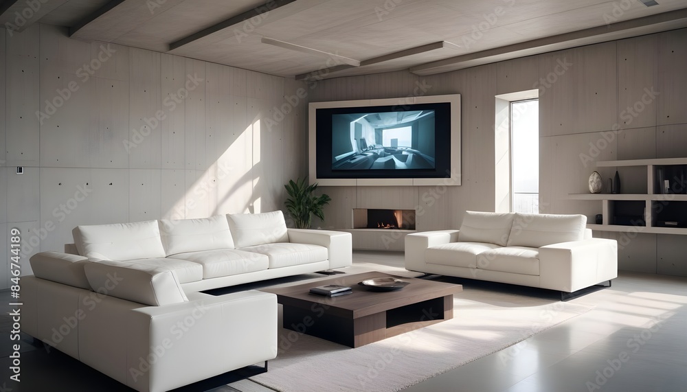High end modern living room with white leather couch and a large flat screen tv mounted on the wall, brutalist architecture mixed with modern futuristic minimal design High end modern living room with white leather couch and a large flat screen tv mounted on the wall, brutalist architecture mixed with modern futuristic minimal design