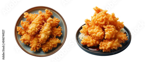 Set of A plate of tempura fried chicken, featuring a light and airy batter that is golden and crisp