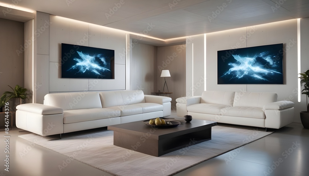 High end modern living room with white leather couch and a large flat screen tv mounted on the wall, brutalist architecture mixed with modern futuristic minimal design High end modern living room with white leather couch and a large flat screen tv mounted on the wall, brutalist architecture mixed with modern futuristic minimal design