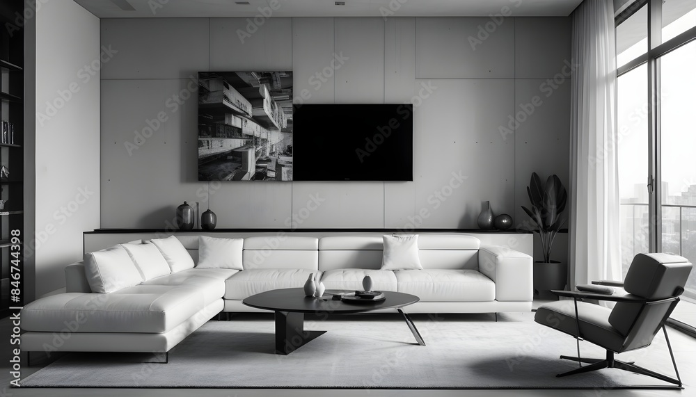High end modern living room with white leather couch and a large flat screen tv mounted on the wall, brutalist architecture mixed with modern futuristic minimal design High end modern living room with white leather couch and a large flat screen tv mounted on the wall, brutalist architecture mixed with modern futuristic minimal design